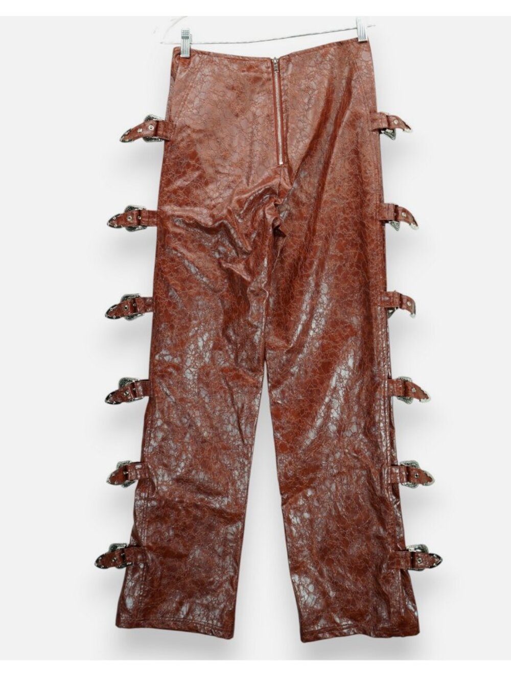 NWT Nasty Gal Distressed Faux Leather Buckle Detail Pants | Alligator Sz 10 - Picture 2 of 7